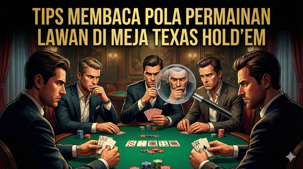 Ilustrasi poster strategi Texas Hold'em menampilkan pemain poker di meja hijau dengan kaca pembesar yang menyoroti ekspresi lawan, simbol membaca pola permainan
