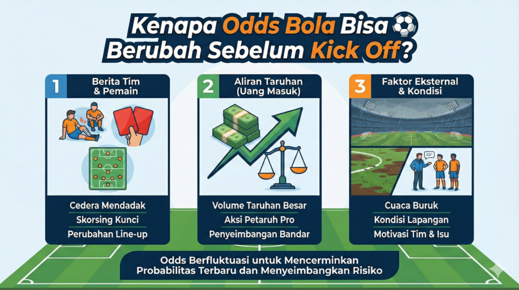 Infografis yang menjelaskan tiga faktor utama penyebab odds bola berfluktuasi sebelum pertandingan dimulai, yaitu berita tim dan pemain, aliran taruhan atau uang masuk, serta faktor eksternal dan kondisi lapangan.