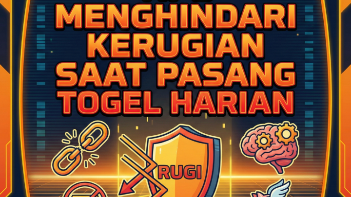 Ilustrasi bergaya retro-futuristik dengan teks "TIPS MENGHINDARI KERUGIAN SAAT PASANG RIANG TOGEL HARIAN". Di bawahnya terdapat lima ikon: rantai terputus, simbol dilarang berjudi, perisai yang menangkis kerugian, otak dengan roda gigi, dan celengan babi bersayap, yang semuanya melambangkan strategi untuk menghindari kerugian finansial dalam perjudian.