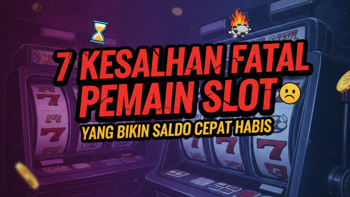 Ilustrasi 7 kesalahan fatal pemain slot yang menyebabkan saldo cepat habis dengan latar belakang mesin slot.