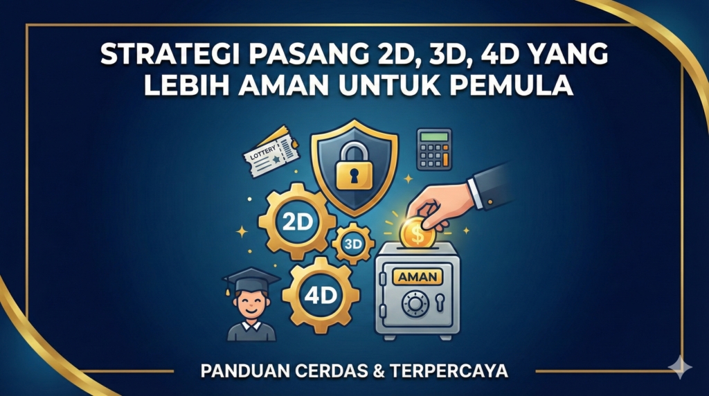 Poster ilustrasi strategi aman pasang 2D 3D 4D untuk pemula dengan ikon brankas dan perisai keamanan.