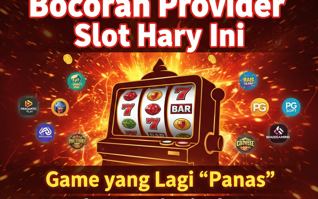 Poster info bocoran provider slot online hari ini dengan grafik mesin slot menyala dan daftar game yang lagi panas.