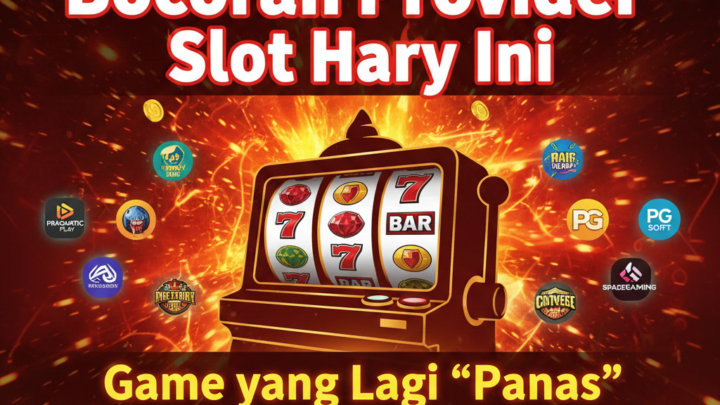Poster info bocoran provider slot online hari ini dengan grafik mesin slot menyala dan daftar game yang lagi panas.