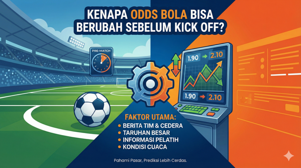 Poster edukasi sepak bola yang terbagi dua sisi: sisi kiri menampilkan stadion bola dan sisi kanan menampilkan layar grafik pergerakan odds dari 1.90 ke 2.10. Di bagian tengah terdapat ikon gir dan daftar faktor utama penyebab perubahan odds seperti berita tim, taruhan besar, informasi pelatih, dan cuaca.