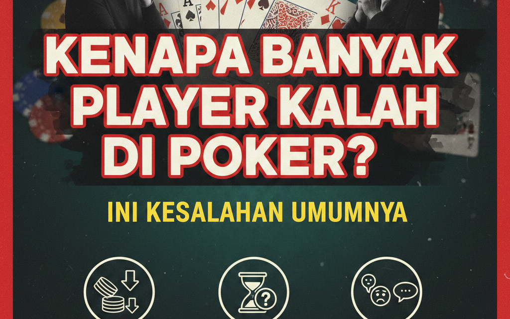 Poster edukasi poker dengan latar belakang pemain yang sedang berpikir, tumpukan chip, dan kartu. Terdapat teks besar bertuliskan "Kenapa Banyak Player Kalah di Poker? Ini Kesalahan Umumnya" dengan tiga ikon poin utama: Overplaying Hands, Poor Bankroll Management, dan Lack of Discipline.