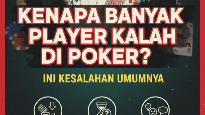 Poster edukasi poker dengan latar belakang pemain yang sedang berpikir, tumpukan chip, dan kartu. Terdapat teks besar bertuliskan "Kenapa Banyak Player Kalah di Poker? Ini Kesalahan Umumnya" dengan tiga ikon poin utama: Overplaying Hands, Poor Bankroll Management, dan Lack of Discipline.
