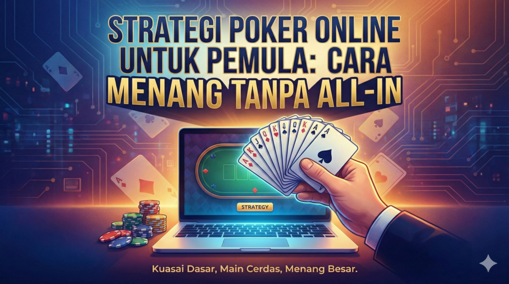 Poster ilustrasi strategi poker online untuk pemula menampilkan laptop, kartu remi Royal Flush, dan tumpukan chip dengan teks "Cara Menang Tanpa All-In.