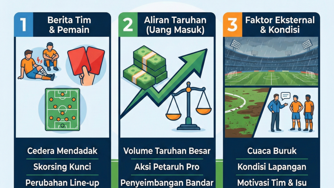 Infografis yang menjelaskan tiga faktor utama penyebab odds bola berfluktuasi sebelum pertandingan dimulai, yaitu berita tim dan pemain, aliran taruhan atau uang masuk, serta faktor eksternal dan kondisi lapangan.