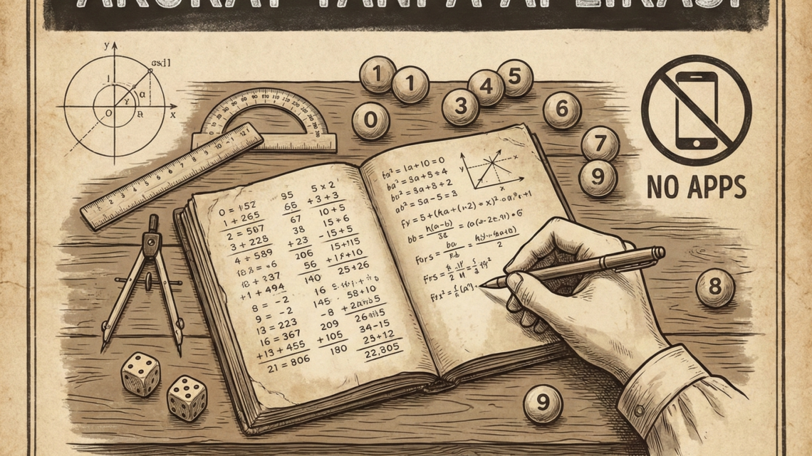 Ilustrasi sketsa manual yang menunjukkan cara menentukan BBFS akurat tanpa aplikasi, menampilkan buku catatan dengan perhitungan angka, dadu, alat ukur matematika, dan bola bernomor.