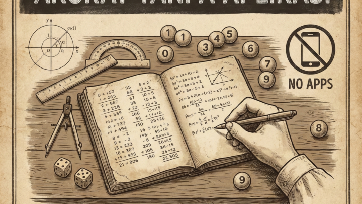 Ilustrasi sketsa manual yang menunjukkan cara menentukan BBFS akurat tanpa aplikasi, menampilkan buku catatan dengan perhitungan angka, dadu, alat ukur matematika, dan bola bernomor.