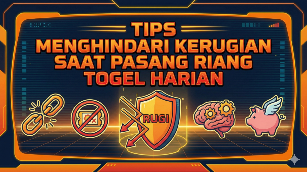 Ilustrasi bergaya retro-futuristik dengan teks "TIPS MENGHINDARI KERUGIAN SAAT PASANG RIANG TOGEL HARIAN". Di bawahnya terdapat lima ikon: rantai terputus, simbol dilarang berjudi, perisai yang menangkis kerugian, otak dengan roda gigi, dan celengan babi bersayap, yang semuanya melambangkan strategi untuk menghindari kerugian finansial dalam perjudian.