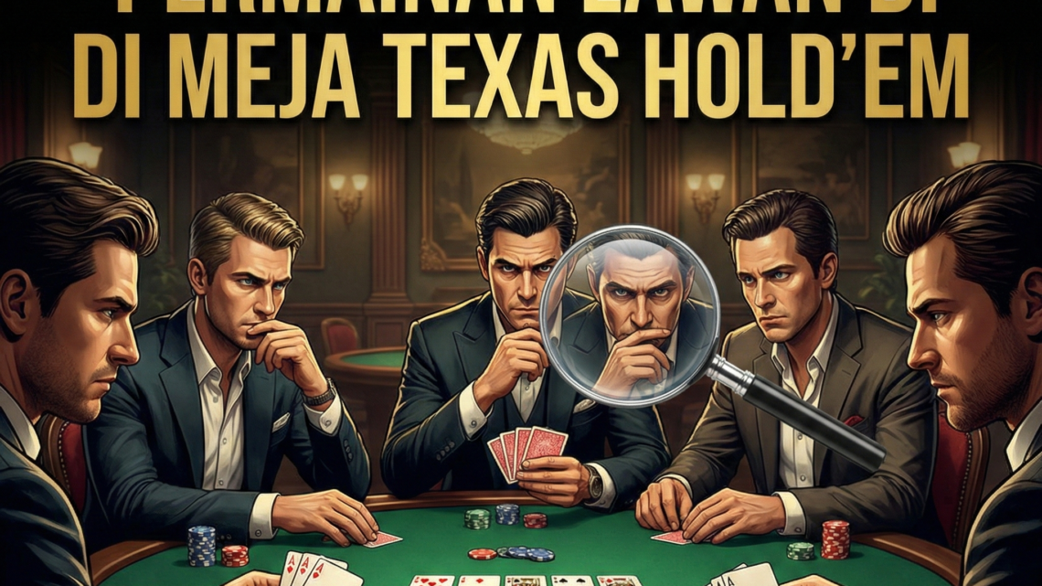 Ilustrasi poster strategi Texas Hold'em menampilkan pemain poker di meja hijau dengan kaca pembesar yang menyoroti ekspresi lawan, simbol membaca pola permainan.