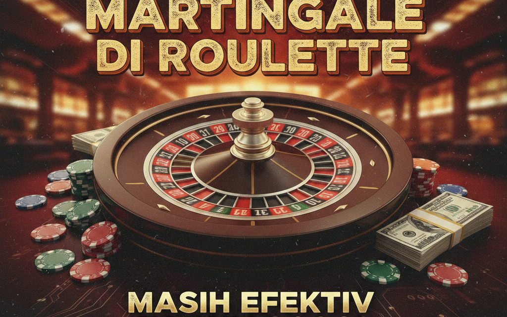 Poster bergaya sinematik menampilkan roda roulette klasik di atas meja kasino gelap dengan tumpukan chip dan uang tunai. Di bagian atas terdapat teks "Sistem Martingale di Roulette" dan di bawahnya "Masih Efektif Tahun 2026? Analisis & Prediksi".