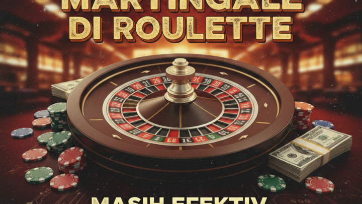 Poster bergaya sinematik menampilkan roda roulette klasik di atas meja kasino gelap dengan tumpukan chip dan uang tunai. Di bagian atas terdapat teks "Sistem Martingale di Roulette" dan di bawahnya "Masih Efektif Tahun 2026? Analisis & Prediksi".
