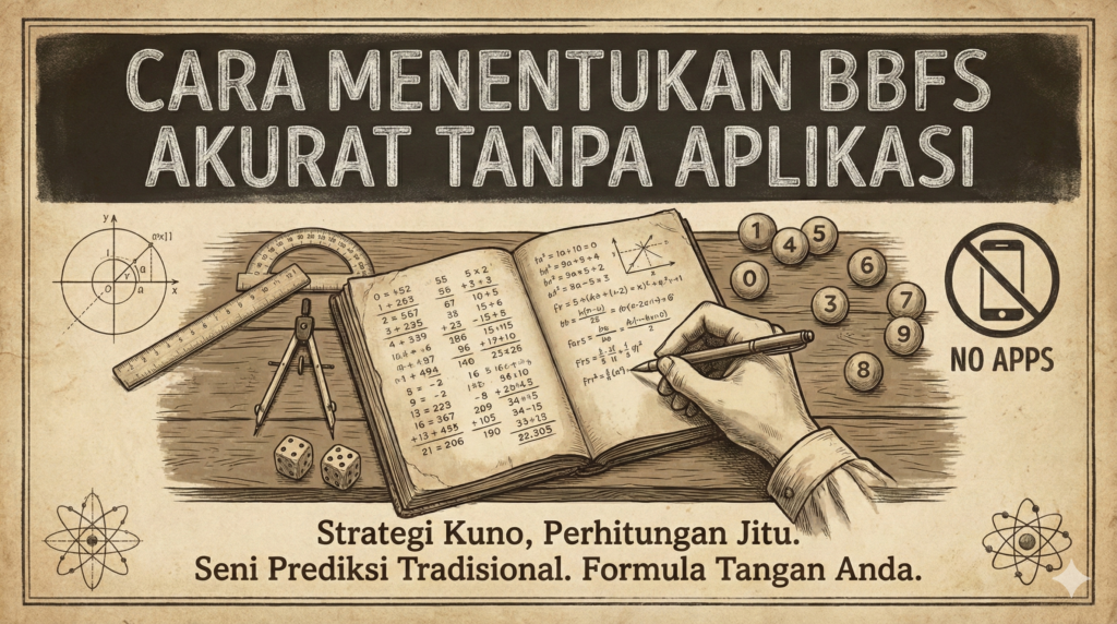 Ilustrasi sketsa manual yang menunjukkan cara menentukan BBFS akurat tanpa aplikasi, menampilkan buku catatan dengan perhitungan angka, dadu, alat ukur matematika, dan bola bernomor.