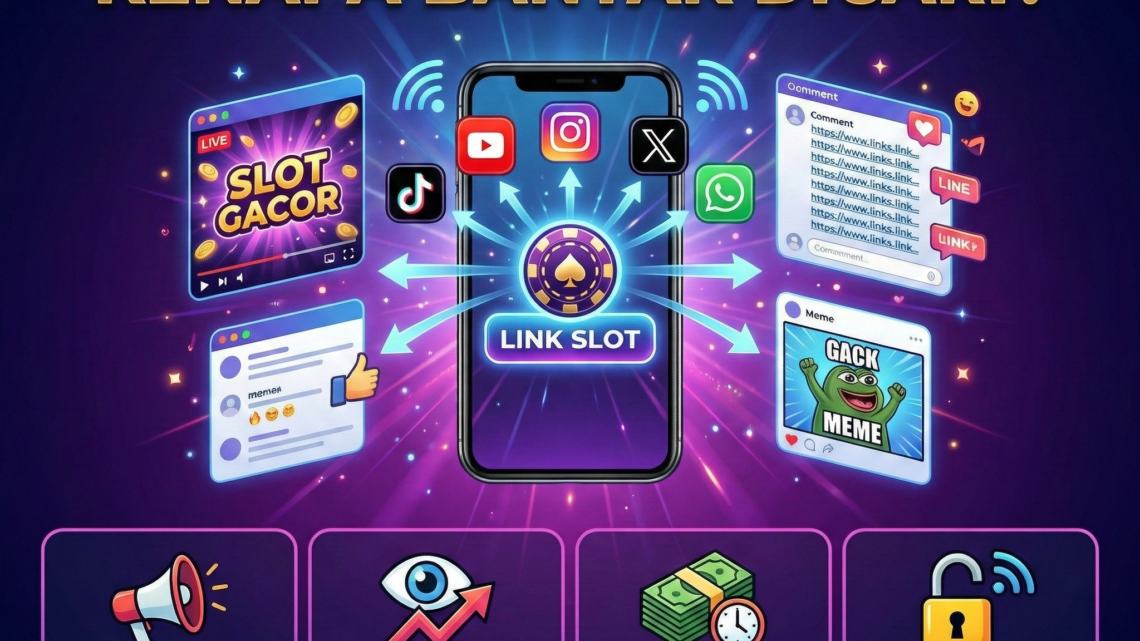 Ilustrasi fenomena link slot viral di media sosial dengan ponsel di tengah, ikon platform digital, dan penyebaran tautan yang menarik perhatian pengguna internet.