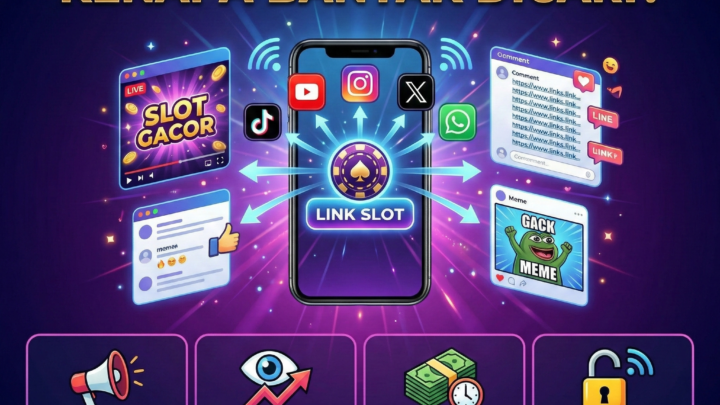 Ilustrasi fenomena link slot viral di media sosial dengan ponsel di tengah, ikon platform digital, dan penyebaran tautan yang menarik perhatian pengguna internet.