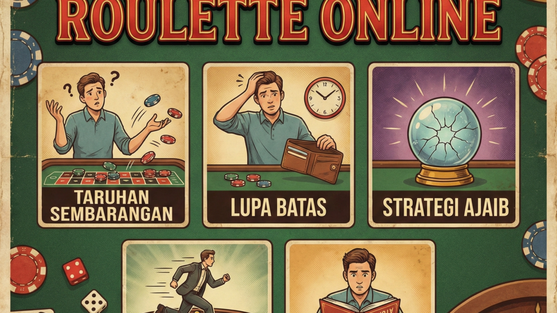 Ilustrasi banner bergaya vintage menampilkan 5 kesalahan pemula saat bermain roulette online, termasuk taruhan sembarangan, lupa batas, dan mengejar kekalahan.
