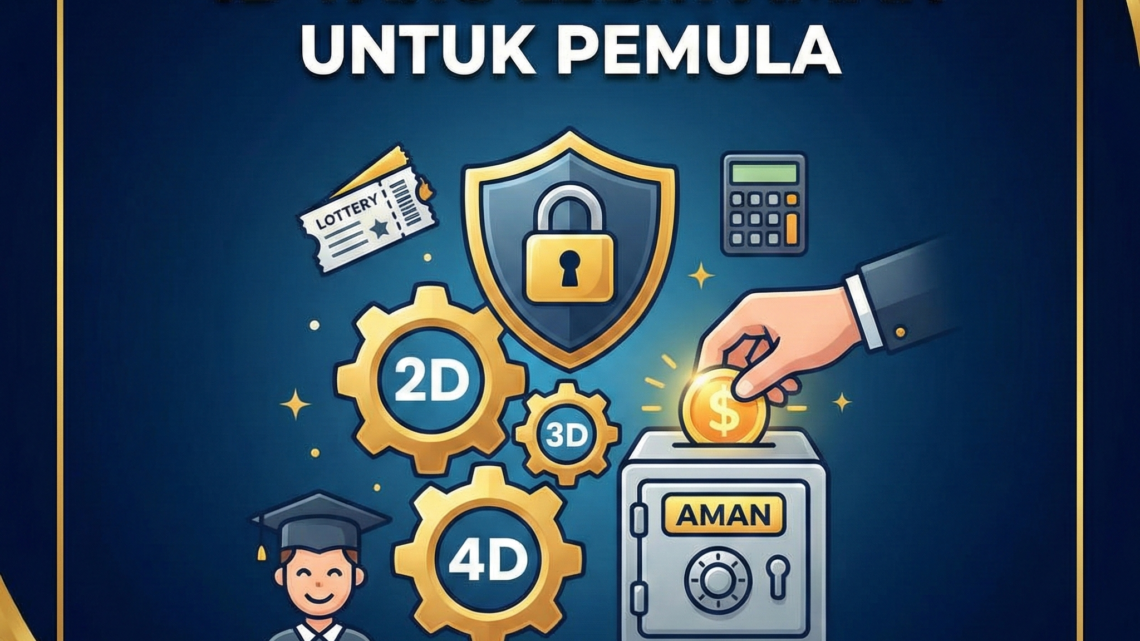 Poster ilustrasi strategi aman pasang 2D 3D 4D untuk pemula dengan ikon brankas dan perisai keamanan.