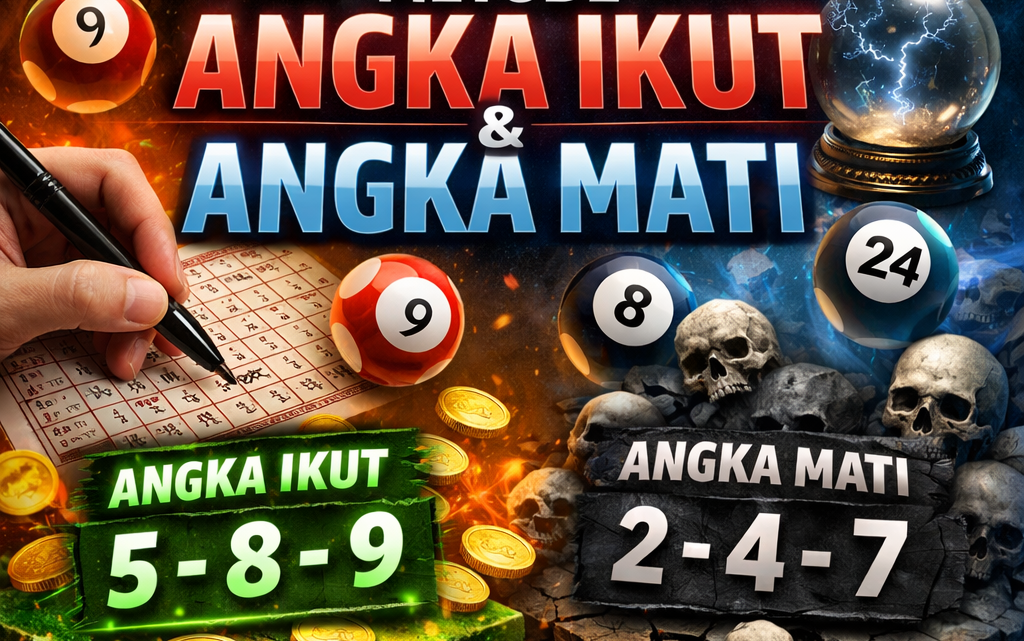 Poster prediksi togel hari ini dengan metode angka ikut dan angka mati, menampilkan angka yang disarankan untuk permainan togel, dihiasi dengan elemen dramatis seperti bola togel dan crystal ball.