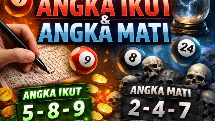 Poster prediksi togel hari ini dengan metode angka ikut dan angka mati, menampilkan angka yang disarankan untuk permainan togel, dihiasi dengan elemen dramatis seperti bola togel dan crystal ball.
